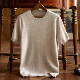 男士短袖t恤100纯山羊绒衫，秋冬季圆领针织，打底羊毛半袖毛衣体恤衫