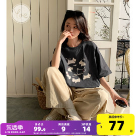 yoe短袖t恤女上衣深灰色oversize2024年夏季女款小狗印花休闲