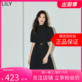 LILY2024春女装复古通勤时尚都市优雅宽松荷叶边小黑裙连衣裙