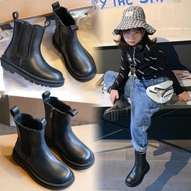 女童靴子2024冬款儿童，中高筒靴切尔西靴宝宝真皮单靴加绒棉靴