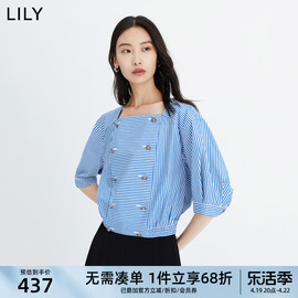 商场同款LILY2023夏女装全棉复古方领条纹五分袖雪纺衫女