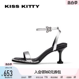 KISSKITTY2024年夏季黑色一字带高跟鞋气质珍珠细跟时装凉鞋