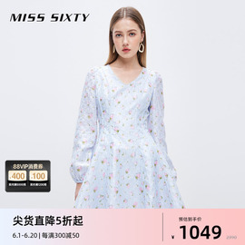 Miss Sixty法式长袖含桑蚕丝连衣裙女亚麻甜美减龄显瘦A字裙短裙