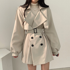 韩国chic复古西装领双排，扣系带收腰灯笼袖，小个子百褶风衣外套女