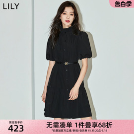 LILY2024春女装复古通勤时尚都市优雅宽松荷叶边小黑裙连衣裙