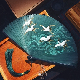 全竹扇子古风小扇子，迷你中国风喷绘复古风男女，折扇绿色跳舞蹈扇夏