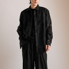 三木公白复古镂空花衬衫男设计感小众日系宽松黑色衬衣外套高级