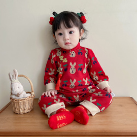 中式婴儿衣服秋装宝宝满月百天周岁礼服秋冬连体衣唐装旗袍哈衣红