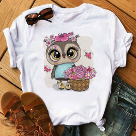 Cute owl T-shirt可爱卡通猫头鹰时尚圆领大码短袖T恤女上衣潮流