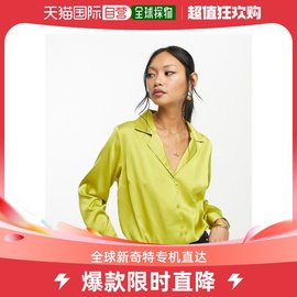 香港直邮潮奢asos女士，设计宽松缎面长袖嫩黄绿色衬衫