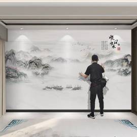 新中式水墨山水电视背景墙壁纸，客厅3d顺风顺水壁画，书房无缝墙纸8d