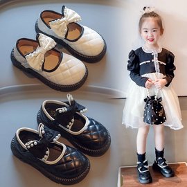 女童小皮鞋2024年春季韩版可爱蝴蝶结珍珠公主鞋儿童格子单鞋
