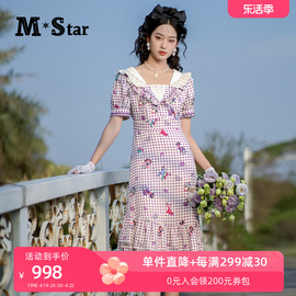 M-Star明星系列夏季荷叶边翻领连衣裙女少女印花中长裙子