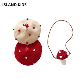 ins宝宝蘑菇系列搭配单品女童，红色贝雷帽针织勾线可爱蘑菇包包