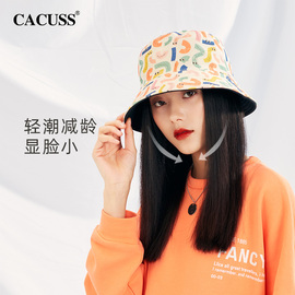 cacuss春夏渔夫帽女双面戴减龄印花帽子休闲百搭显脸小盆帽潮