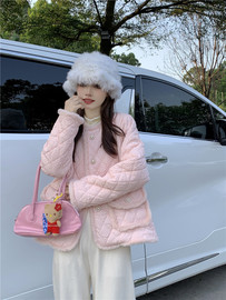 冬季2023年法式小香风外套，粉色棉服秋冬夹棉加厚棉衣女装