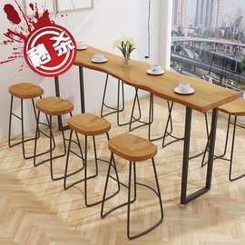 美式整板原实木吧台桌靠墙7铁艺长条酒吧台家用奶茶店高脚桌椅组