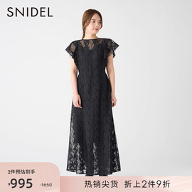 snidel秋冬优雅一字，领荷叶边收腰系带，露背蕾丝连衣裙swfo234102