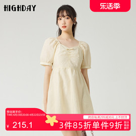 highday轩日2023夏季泡泡袖，娃娃裙女短裙花朵高腰短袖连衣裙