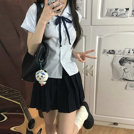 花千猪小笠原蓝条纹，开襟收腰短袖衬衫女春季学院，风jk短制服