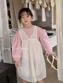 韩版女童装儿童春季甜美淑女蕾丝连衣裙，长袖衬衫公主裙子2件套装