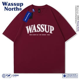 WASSUP NORTH国潮风纯棉短袖t恤男女款夏季休闲宽松五分袖上衣服