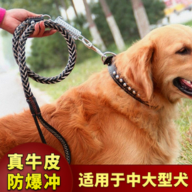 狗狗牵引绳p绳中大型犬金毛德牧，专用牛皮防爆冲项圈真皮遛狗链子