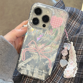 ins少女波点蝴蝶结适用iphone15promax苹果14手机壳1115pro蕾丝挂件12小众高级13pm镭射羽纱全包防摔软壳