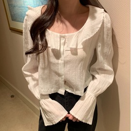 韩国chic春季法式方领荷叶边喇叭袖衬衫女宽松短款休闲衬衣