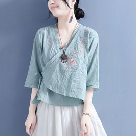 夏季棉麻绣花斜襟扇形系带中袖上衣女中国风复古禅意衬衫茶服