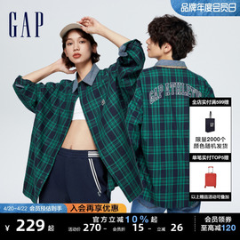 gap男女装春季2024logo翻领格纹衬衫，宽松休闲长袖上衣877589