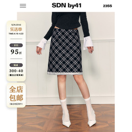 SDNby41 复古派对 减龄少女拼接花边设计感学院风中长款格纹半裙