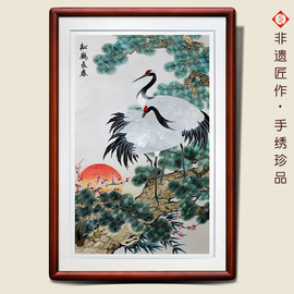 有福湘绣苏绣挂画松鹤延年，富贵长寿客厅，玄关装饰手工刺绣祝寿礼物