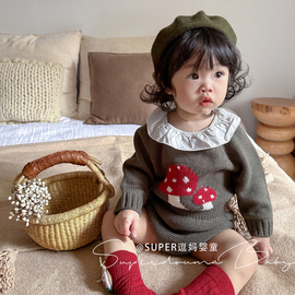 ins春秋冬季宝宝针织蘑菇上衣，+三角短裤套装，欧美婴儿套头毛衣