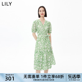 LILY夏女装浪漫艺术印花法式复古茶歇裙高腰五分袖连衣裙