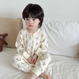 韩国儿童夏季长袖薄款连体睡衣，双层纱布纯棉宝宝，睡袋男女童空调服