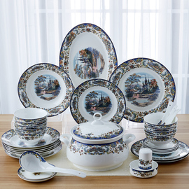 碗碟套装家用组合景德镇56头骨瓷碗盘陶瓷金钟碗吃饭碗釉中彩餐具
