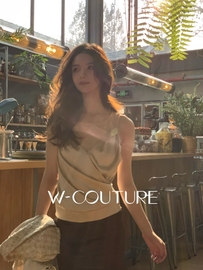 金桂wcouture原创意大利进口真丝蕾丝拼接气质感，无袖背心上衣