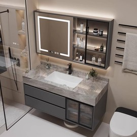 轻奢灰卫浴室柜组合洗手台盆，柜卫生间洗脸洗漱台现代简约岩板无缝