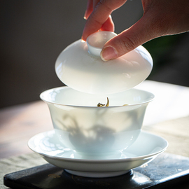 景德镇白瓷三才盖碗茶杯手工薄胎陶瓷茶碗单个盖杯功夫茶具泡茶碗