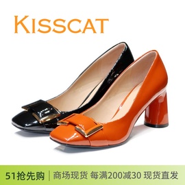 kisscat接吻猫2023新亮漆牛皮，方头粗高跟皮带扣，女单鞋ka43522-10