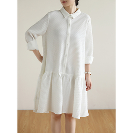 天然出品白色肌理感气质，长袖连衣裙女春季宽松大码纯色中裙qa5071