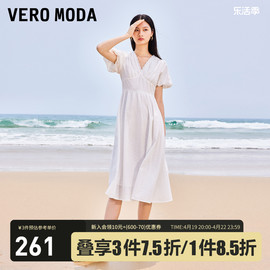 veromoda连衣裙2023夏季优雅浪漫度假v领短袖，白色中长裙▲