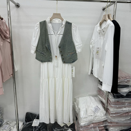 法式牛仔马甲背心搭配白色，短袖衬衫连衣裙，女2024年夏季两件套