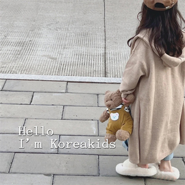 韩版童装 男女儿童连帽长款针织毛衣外套 儿童牛仔直筒裤加厚麻衫