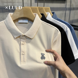 LUUD 潮流创意小熊刺绣贴标翻领短袖衫男夏季修身百搭净版POLO衫