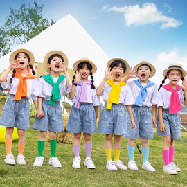 六一儿童节表演服舞蹈牛仔短裤糖果色披肩幼儿园毕业照小学生团体