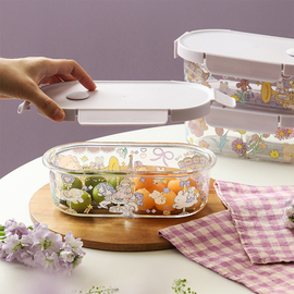 蓝莲花玻璃保鲜盒带盖高颜值食品级饭盒上班族分隔密封可微波炉