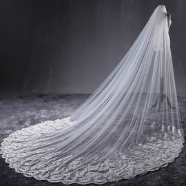 韩式浪漫蕾丝长拖尾镶嵌水钻软纱头纱38米超长新娘结婚头纱
