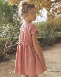 2~11岁*法国*女童夏季裙子  舒适棉纱烫金印花粉色短袖V领连衣裙